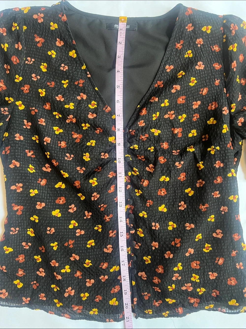 Madewell Silk Black V-Neck Tie-Sleeve Floral Top Sz 4 Coquette Cottage Prairie